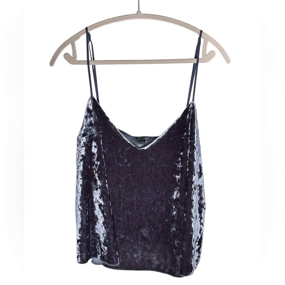 Topshop Crushed Blue Gray Velvet Spaghetti Strap Tank Top Cropped SZ US 10